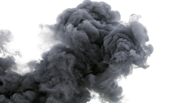 Isolated dark grey smoke cloud spreading, dynamic abstract form, liquid ink explosion effect
