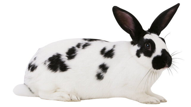Isolated beautiful black and white Dutch rabbit resting calmly, adorable domestic pet animal