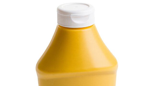 Isolated bright yellow squeeze bottle of classic American mustard condiment with white flip top cap