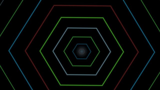Glowing concentric hexagonal outlines receding into a dark tunnel perspective