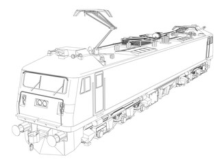 Black and white locomotive blueprint drawing with intricate lines and curves. Detailed train engine and cabins show realistic contour on white background. © German Ovchinnikov