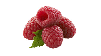 Isolated vibrant red ripe raspberries with a fresh green leaf, delicious healthy summer fruit pile. © Lucas