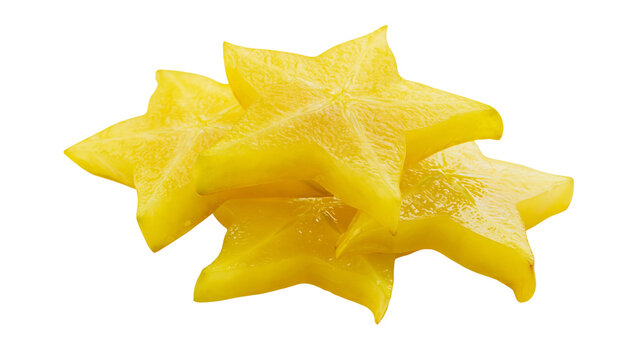 Isolated fresh yellow star fruit slices, vibrant tropical carambola pieces, delicious healthy snack