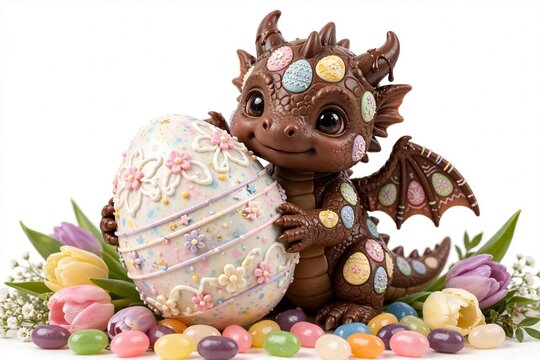 Cute Chocolate Easter Egg Pattern Baby Dragon Hugging Giant Decorated Easter Egg with Tulips