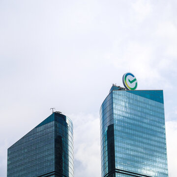 Moscow, Russia - July 9, 2026 SBER bank logo rooftop modern skyscraper, corporate financial architecture, business district urban skyline, company branding signage. Editorial.