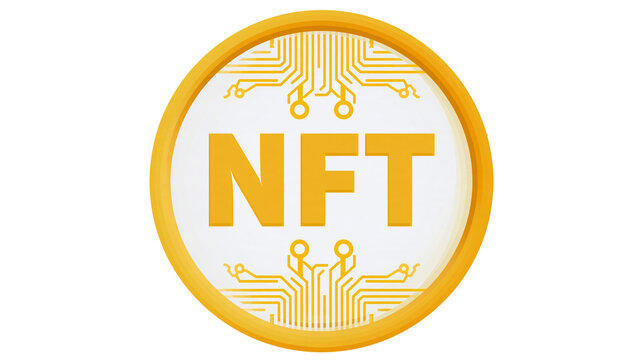 Isolated NFT non-fungible token gold emblem, cryptocurrency and digital asset concept illustration.