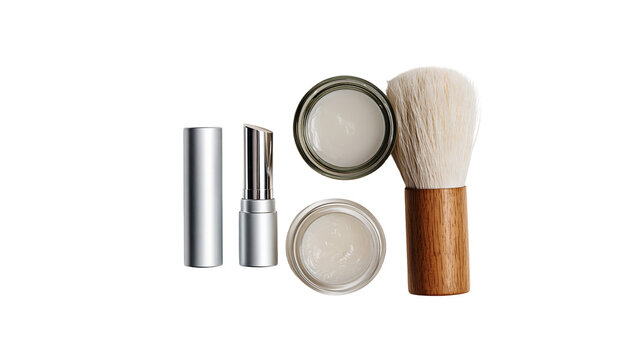Isolated modern beauty set with silver lipstick, face cream jar, and soft makeup brush.