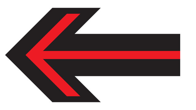 Black arrow pointing left with red center stripe illustration direction navigation indicator pointing backward guidance colorful contrast isolated background communication information