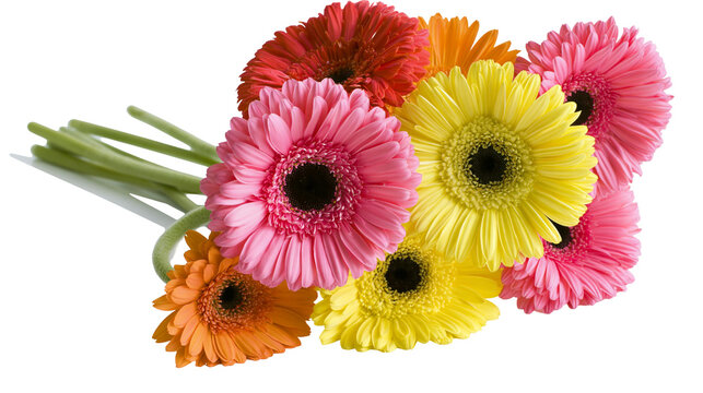 Isolated vibrant colorful Gerbera daisy bouquet featuring pink red orange and yellow blossoms