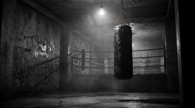Dark industrial boxing gym with heavy punching bag.