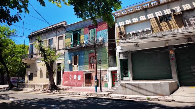 Colorful corrugated metal buildings in La Boca neighborhood, Buenos Aires, Argentina