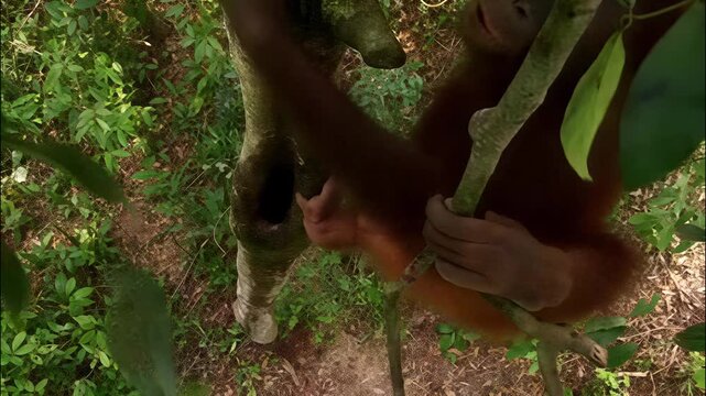 Young orangutan climbing and hanging from tree branches in a lush tropical rainforest habitat