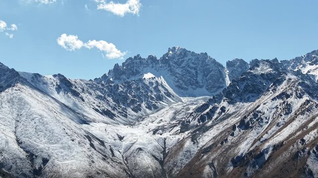 Cinematic 4K close up drone flyover showing detailed ice structure of glacier, fresh September snow on Issyk Bash peaks, dark green pine forest and mountain river near Akbulak in Tian Shan mountains