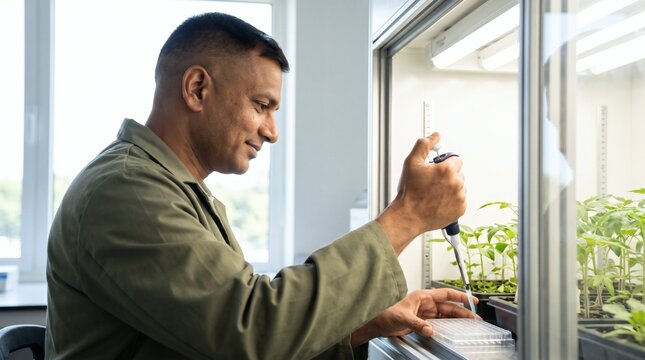 Scientist pipetting into 96 well plate beside plant growth chamber