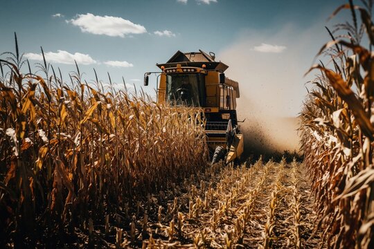 Modern combine harvester works in dry corn field during autumn harvest. Large agricultural machine collects ripe maize crops in rural farmland. Dust rises from machine farmer collects grain for food