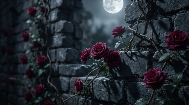 Dark red roses climbing stone wall under full moon.