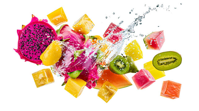 Isolated fresh exotic cut fruits and vibrant splashes of water, healthy and juicy summer ingredients
