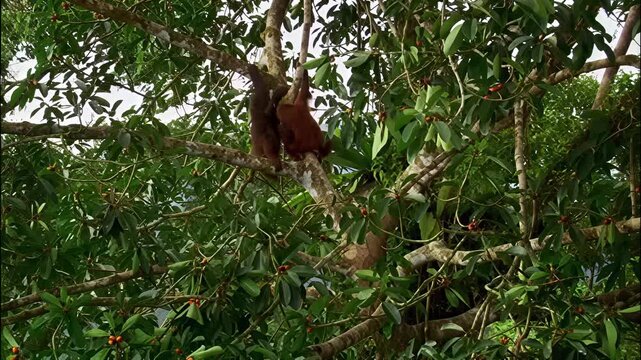 Wild orangutan climbing through the lush green canopy of a tropical rainforest environment
