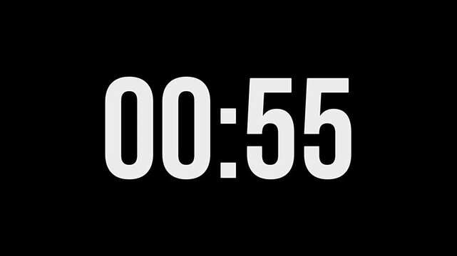 Digital Countdown Timer Animation From 60 to 0 Seconds on Black Background