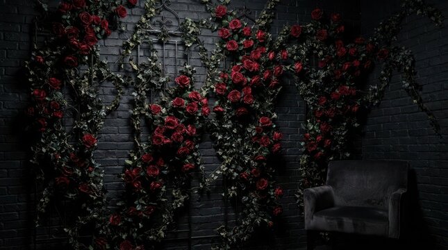 Dark room with red rose wall and chair.