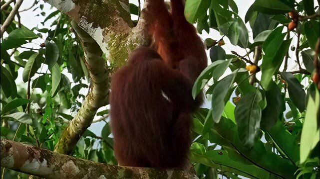 Wild orangutan climbing and foraging for fruit in the lush canopy of a tropical rainforest tree
