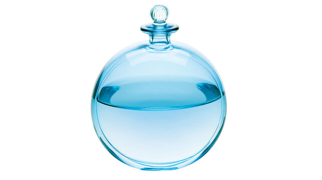 Isolated clear blue glass decanter with water and elegant stopper on clean background
