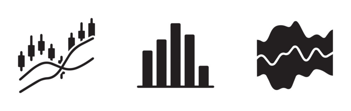 Financial graph icons set with candlestick, bar chart and waveform, business analytics and data visualization