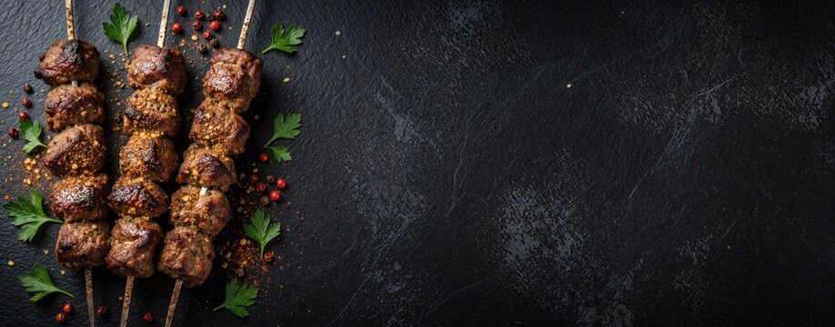 Top view of grilled beef shish kebab skewers on dark stone background. Three juicy meat kebabs with spices, parsley lie on textured surface. Delicious bbq skewers ready for dinner restaurant menu