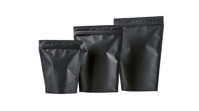 Isolated black matte stand-up pouches with zip lock closure in three sizes for product packaging
