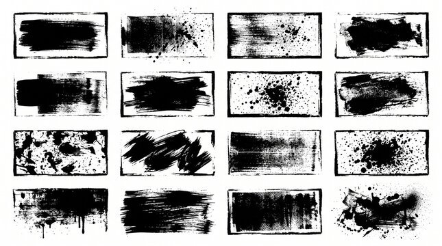 A vector set of 16 grunge black ink brush strokes, dry acrylic roller textures, and paint splatters in rectangular banners, isolated on white.   