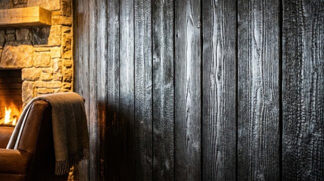 Dark wooden wall paneling in cozy fireplace interior.