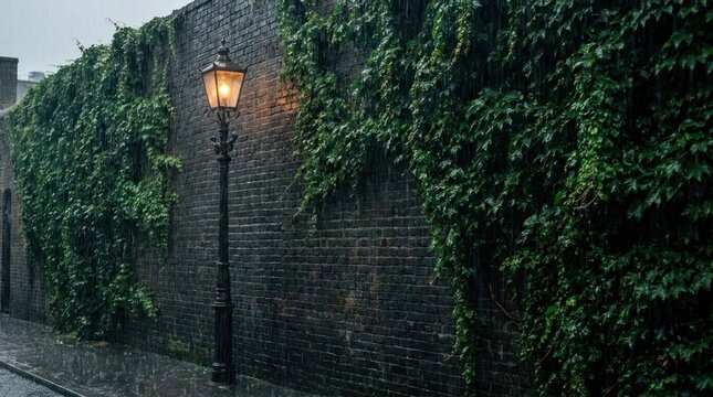 Dark wet brick alley with ivy and street lamp.