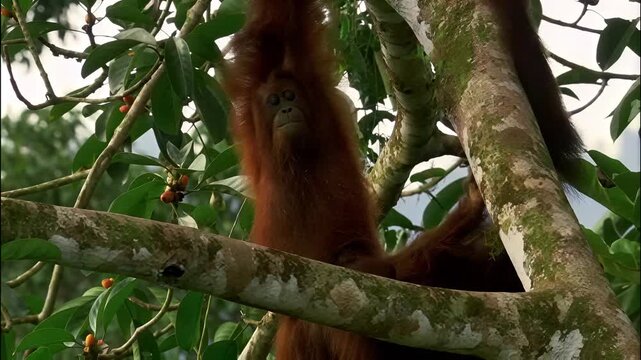 Wild orangutan hanging from a tree branch in the lush tropical rainforest canopy environment