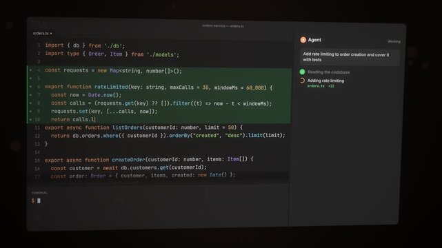 AI coding agent adds TypeScript rate limiting in a tilted code editor, seamless loop