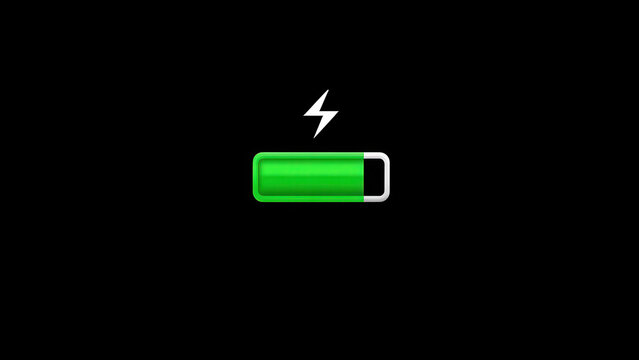 A green battery icon with a lightning bolt on a black background, indicating a device is currently charging.