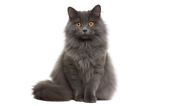 Isolated fluffy grey domestic cat sitting with intense orange eyes looking directly at camera