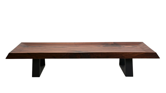Isolated elegant live edge wood slab coffee table with sturdy black metal base, unique design.