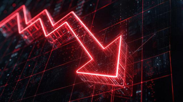 Red glowing 3D arrow points down on dark digital grid background. Financial market crash concept shows economic recession, stock loss. Bearish trend graph illustrates bankruptcy risk, deflation,