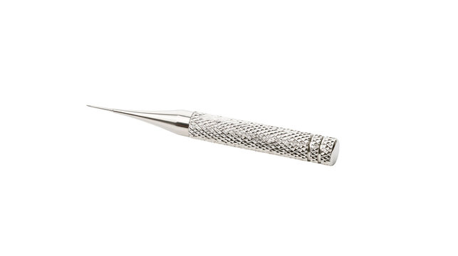 Isolated shiny stainless steel awl with knurled handle for precision marking and crafting