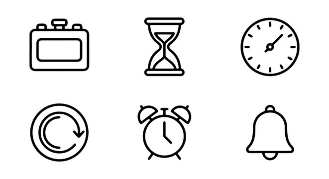 Minimalist time icons set, vector clock and hourglass symbols for web design and UI