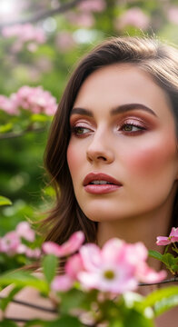 A woman's portrait with delicate pink makeup and green eyes framed by soft pink flowers, symbolizing spring, beauty, and nature's grace.