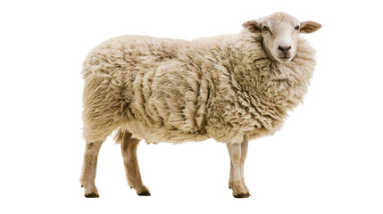 Isolated fluffy woolly sheep standing and looking at camera, domestic farm animal with beige fur © Ioana