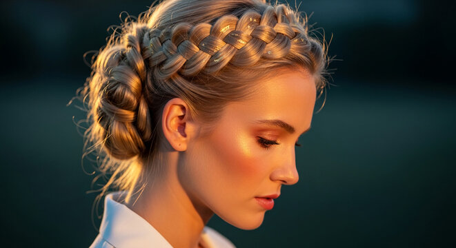 Close-up of a woman's braided blonde hair adorned with golden glitter, bathed in warm sunlight, symbolizing elegance, beauty, and celebration.