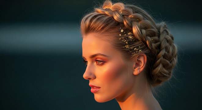 Profile of a blonde woman with a braided hairstyle adorned with gold flakes, bathed in warm light, symbolizing elegance, luxury, and natural beauty