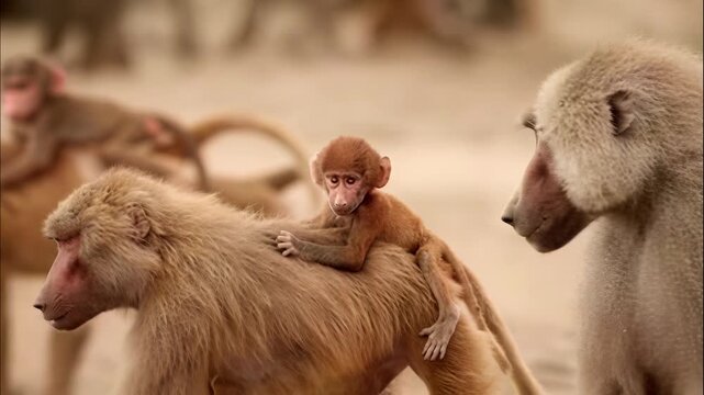A young baboon infant rides on the back of an adult in a natural savanna wildlife environment