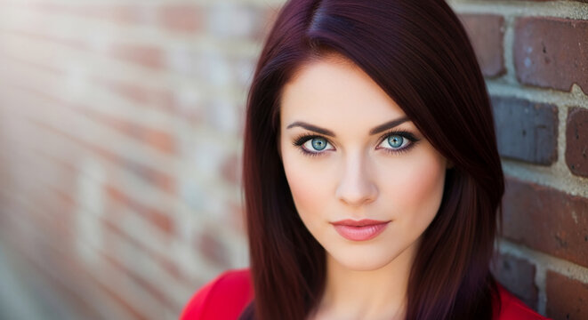 Portrait of a young woman with long dark hair and striking blue eyes, set against a blurred brick wall, symbolizing beauty and allure.