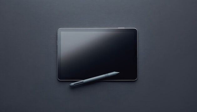 Overhead View of Tablet and Stylus on Slate Grey Surface