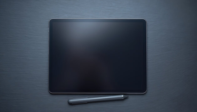 Overhead View of Tablet and Stylus on Slate Grey Surface