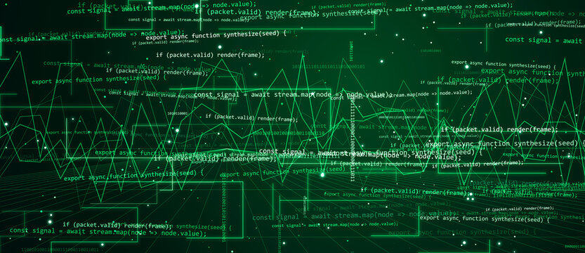 Digital code and data visualization background with neon green binary streams and abstract line graphs for tech interface