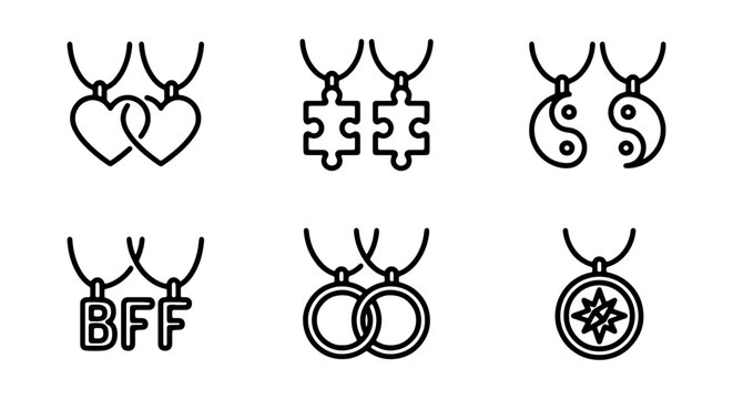Minimalist vector set of best friends necklaces, outline friendship jewelry icons for design